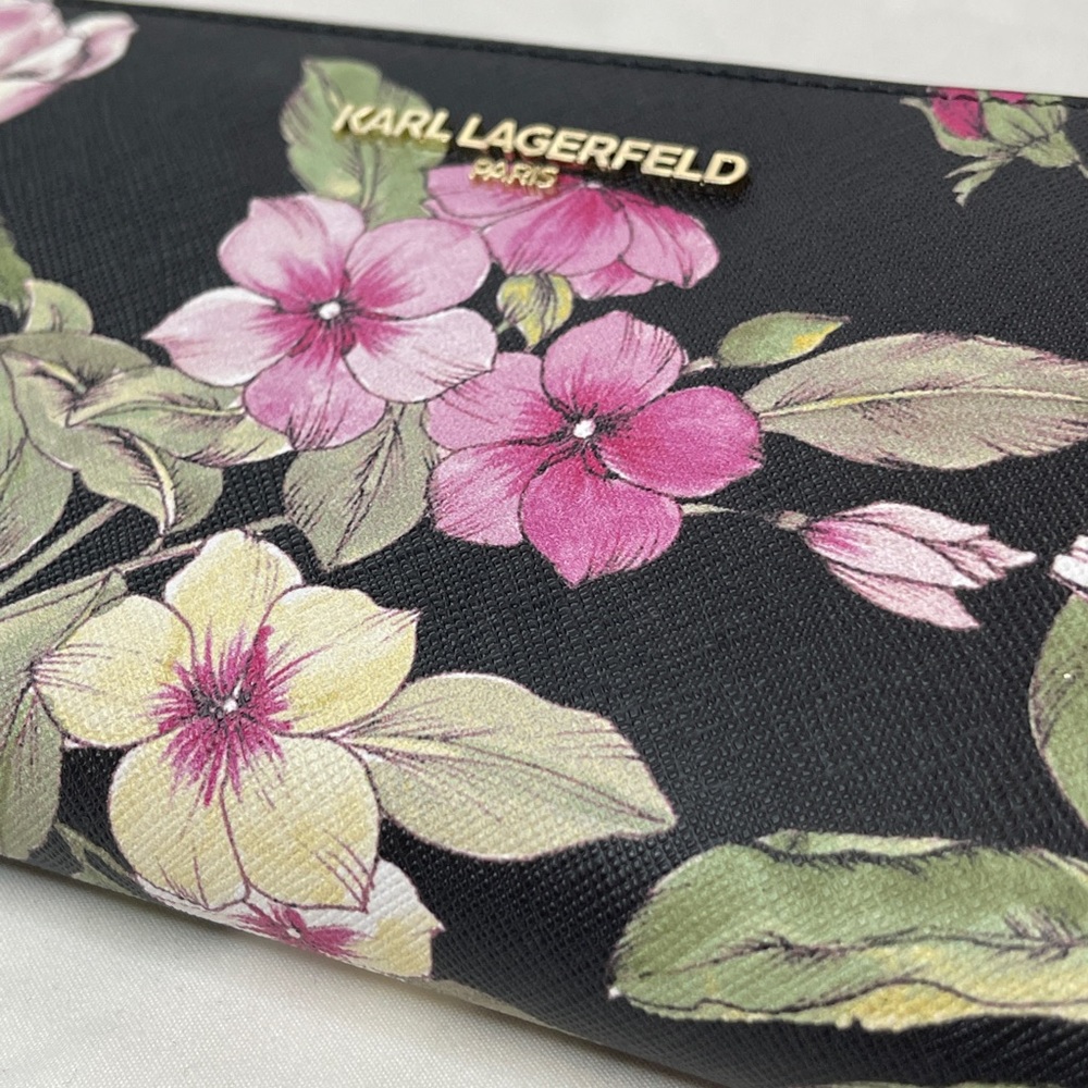 Karl Lagerfeld Black Floral Saffiano Leather Zip Around Wallet